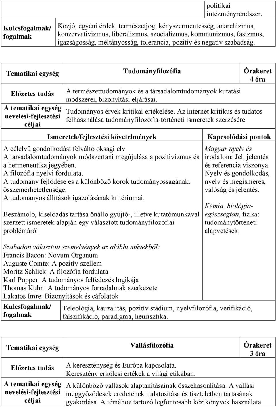 negatív szabadság. Tematikai egység Tudományfilozófia Órakeret A természettudományok és a társadalomtudományok kutatási módszerei, bizonyítási eljárásai. Tudományos érvek kritikai értékelése.