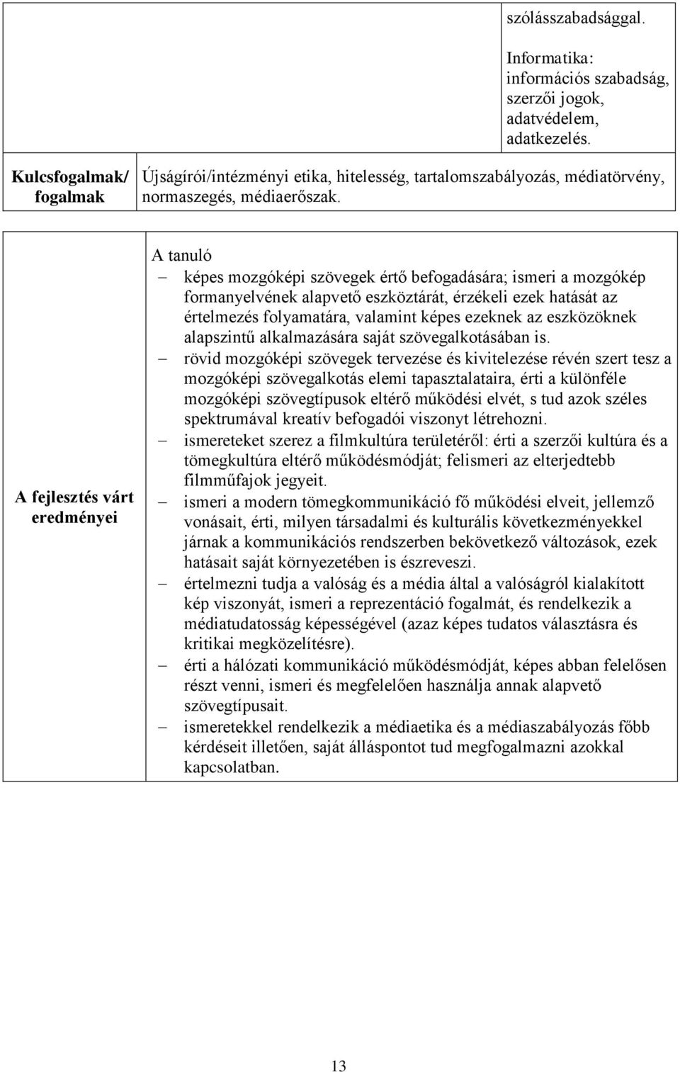 A fejlesztés várt eredményei A tanuló képes mozgóképi szövegek értő befogadására; ismeri a mozgókép formanyelvének alapvető eszköztárát, érzékeli ezek hatását az értelmezés folyamatára, valamint