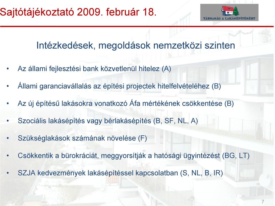 csökkentése (B) Szociális lakásépítés vagy bérlakásépítés (B, SF, NL, A) Szükséglakások számának növelése (F)
