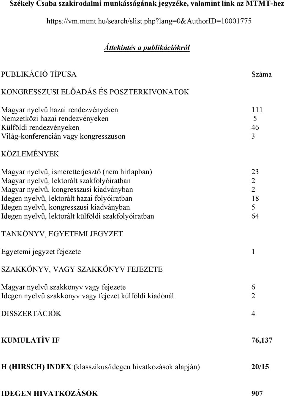 rendezvényeken 46 Világ-konferencián vagy kongresszuson 3 KÖZLEMÉNYEK Magyar nyelvű, ismeretterjesztő (nem hírlapban) 23 Magyar nyelvű, lektorált szakfolyóiratban 2 Magyar nyelvű, kongresszusi