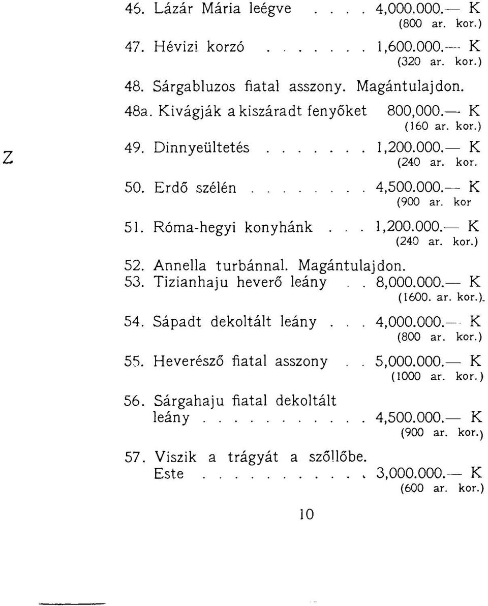 Annella turbánnal. Magántulajdon. 53. Tizianhaju heverő leány.. 8,000.000. K (1600. ar. kor.). 54. Sápadt dekoltált leány... 4,000.000. K (800 ar. kor.) 55.
