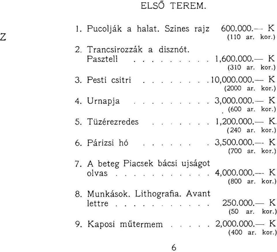 kor.) 6. Párizsi hó 3,500.000. K (700 ar. kor.) 7. A beteg Piacsek bácsi újságot olvas 8. Munkások. Lithografia.
