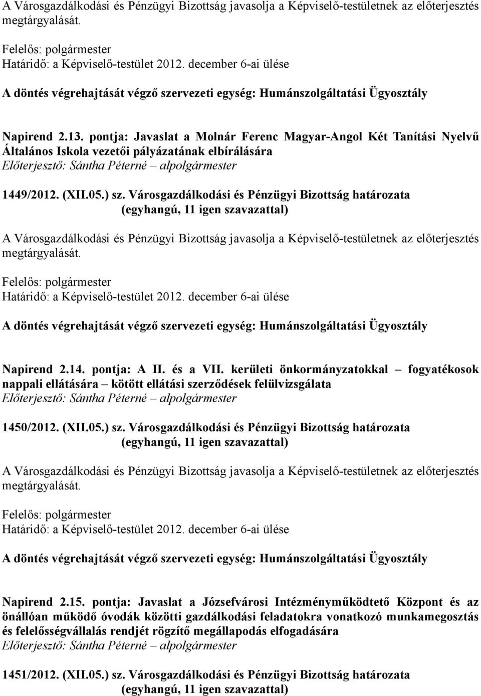 Városgazdálkodási és Pénzügyi Bizottság határozata A döntés végrehajtását végző szervezeti egység: Humánszolgáltatási Ügyosztály Napirend 2.14. pontja: A II. és a VII.