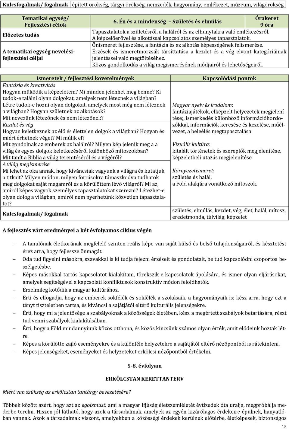 Önismeret fejlesztése, a fantázia és az alkotás képességének felismerése. Érzések és ismeretmorzsák társíttatása a kezdet és a vég elvont kategóriáinak jelentéssel való megtöltéséhez.