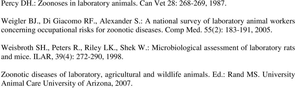 55(2): 183-191, 2005. Weisbroth SH., Peters R., Riley LK., Shek W.: Microbiological assessment of laboratory rats and mice.