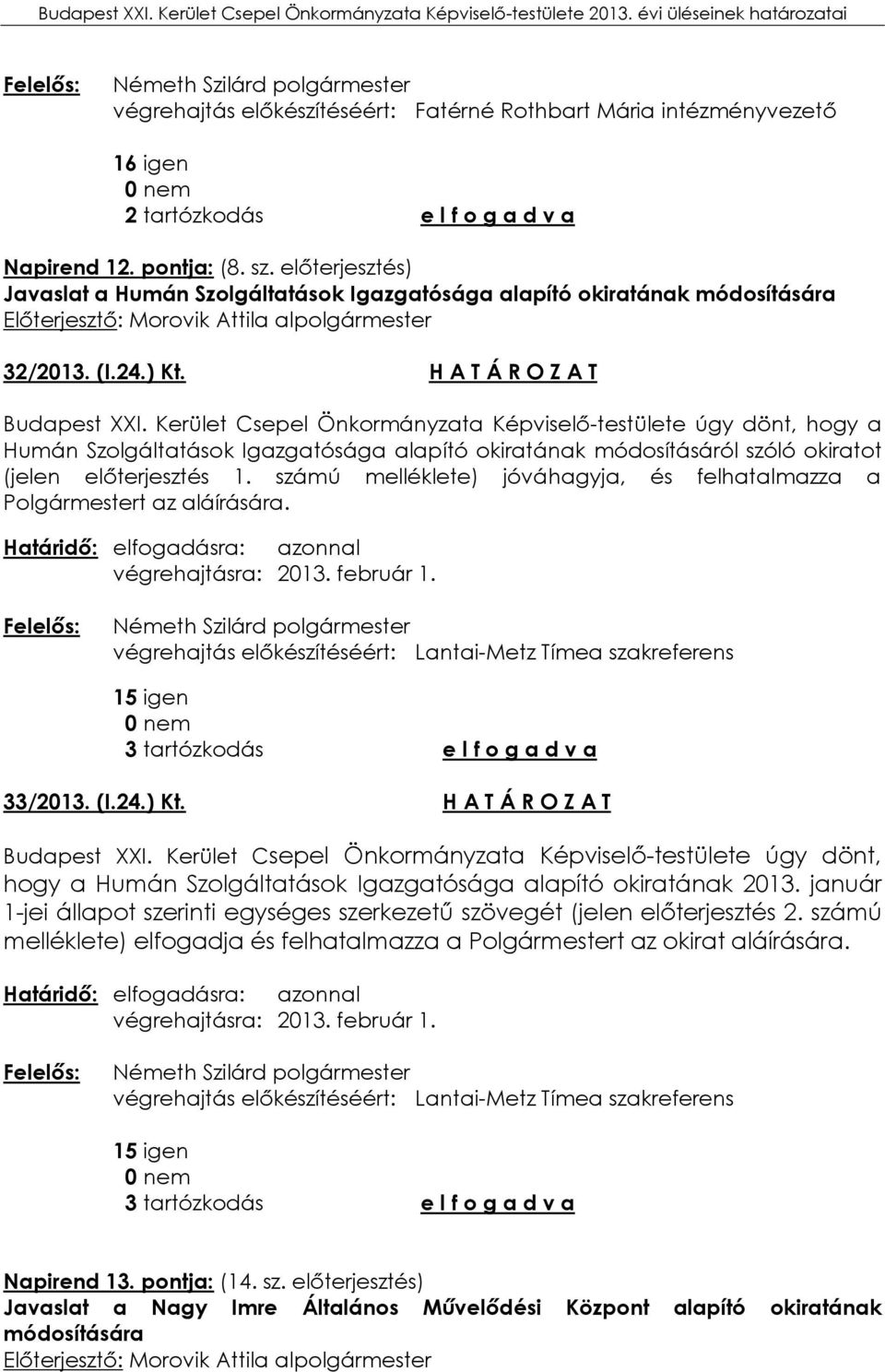 H A T Á R O Z A T Humán Szolgáltatások Igazgatósága alapító okiratának módosításáról szóló okiratot (jelen előterjesztés 1.