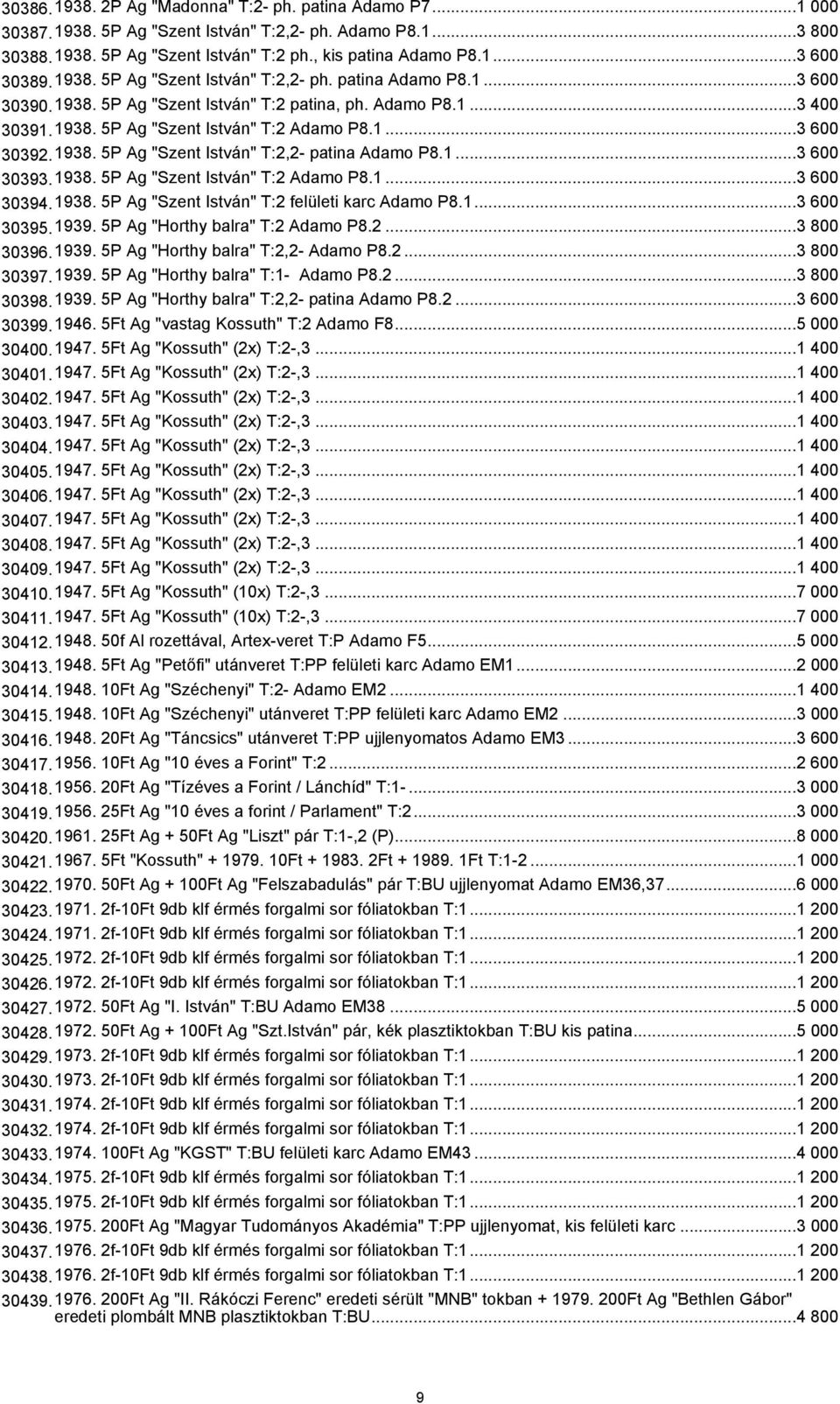 1...3 600 30393.1938. 5P Ag "Szent István" T:2 Adamo P8.1...3 600 30394.1938. 5P Ag "Szent István" T:2 felületi karc Adamo P8.1...3 600 30395.1939. 5P Ag "Horthy balra" T:2 Adamo P8.2...3 800 30396.