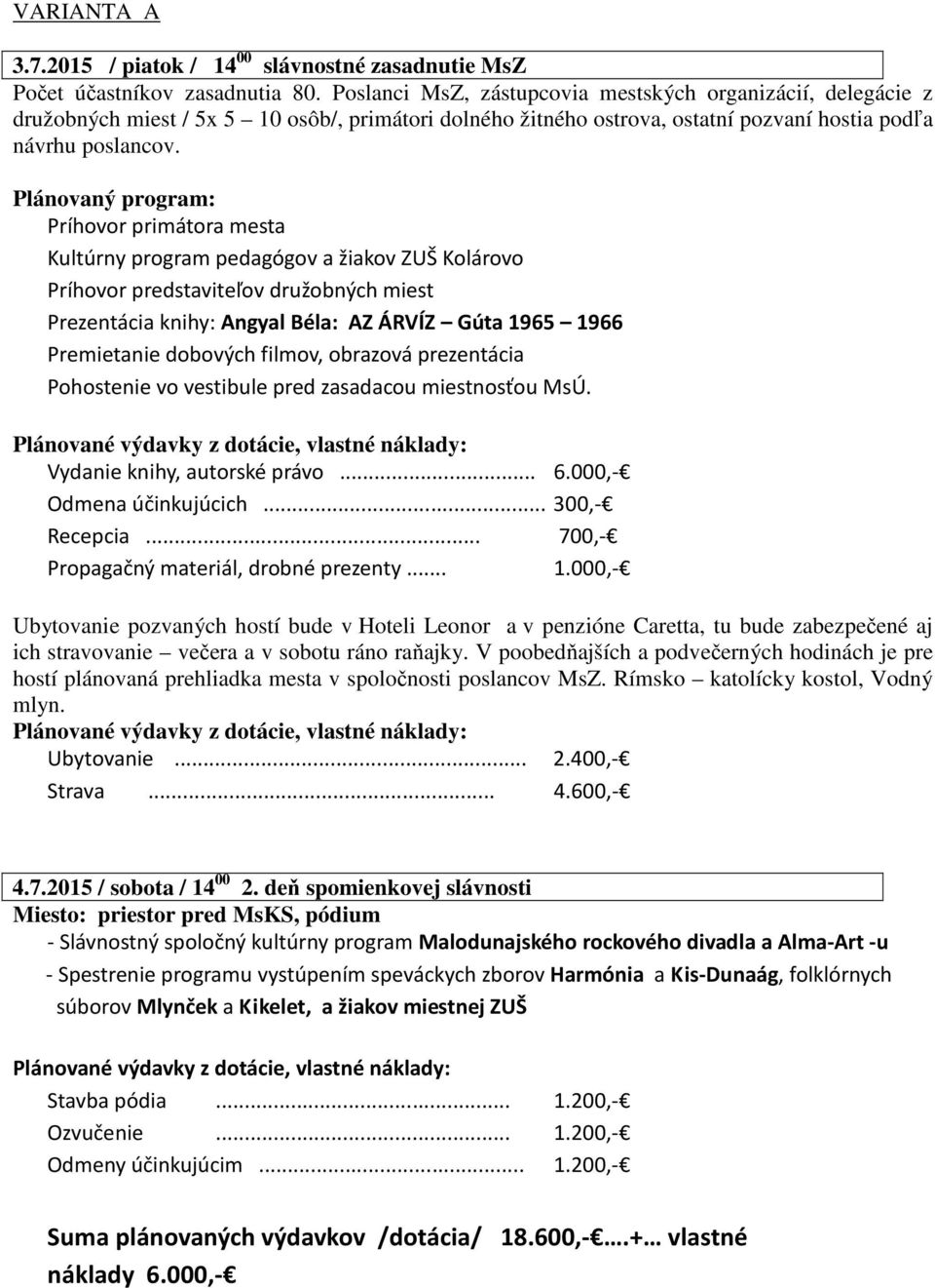 Plánovaný program: Príhovor primátora mesta Kultúrny program pedagógov a žiakov ZUŠ Kolárovo Príhovor predstaviteľov družobných miest Prezentácia knihy: Angyal Béla: AZ ÁRVÍZ Gúta 1965 1966