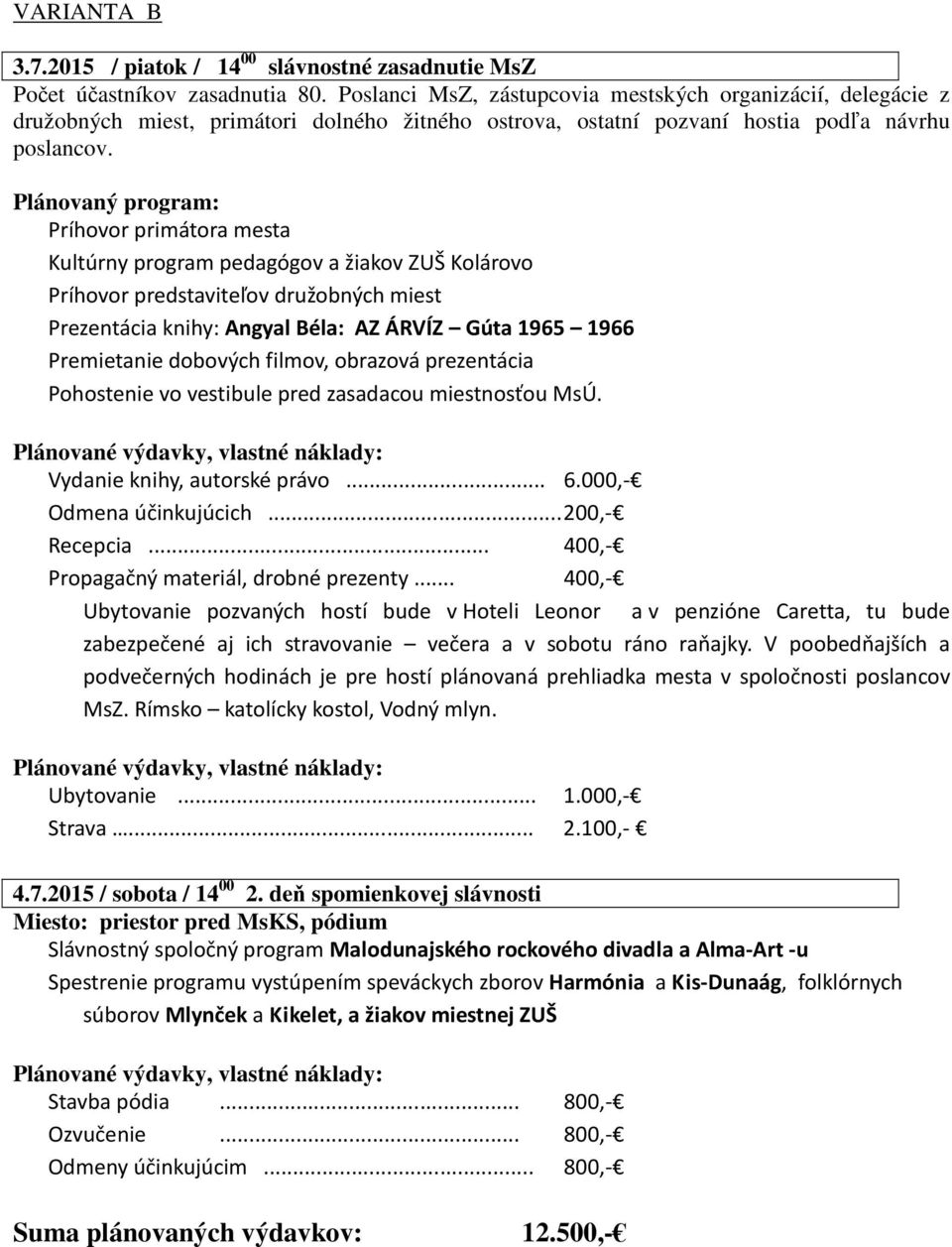 Plánovaný program: Príhovor primátora mesta Kultúrny program pedagógov a žiakov ZUŠ Kolárovo Príhovor predstaviteľov družobných miest Prezentácia knihy: Angyal Béla: AZ ÁRVÍZ Gúta 1965 1966