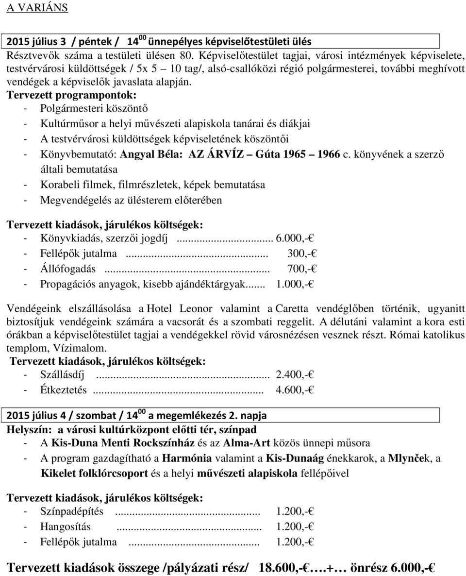 Tervezett programpontok: - Polgármesteri köszöntő - Kultúrműsor a helyi művészeti alapiskola tanárai és diákjai - A testvérvárosi küldöttségek képviseletének köszöntői - Könyvbemutató: Angyal Béla:
