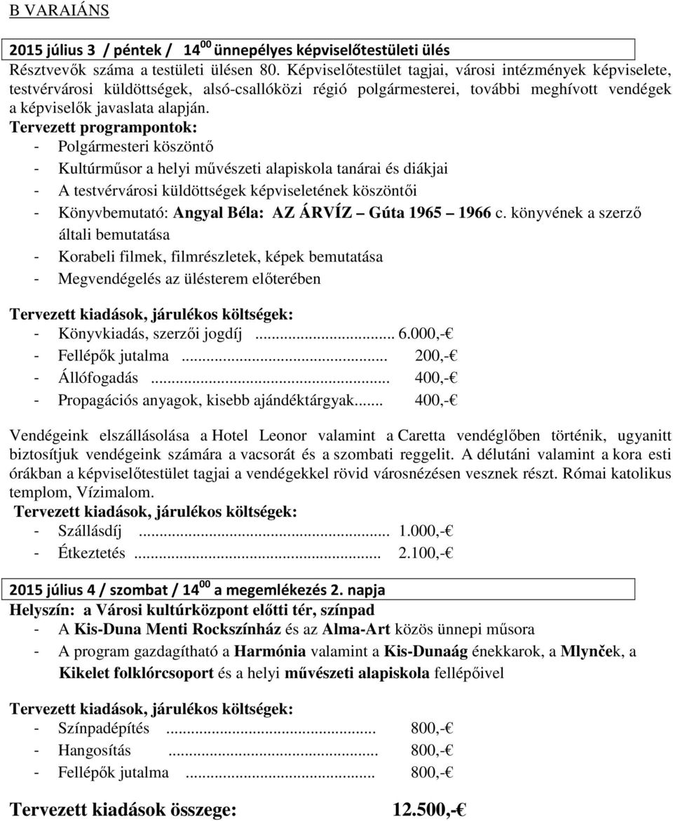 Tervezett programpontok: - Polgármesteri köszöntő - Kultúrműsor a helyi művészeti alapiskola tanárai és diákjai - A testvérvárosi küldöttségek képviseletének köszöntői - Könyvbemutató: Angyal Béla: