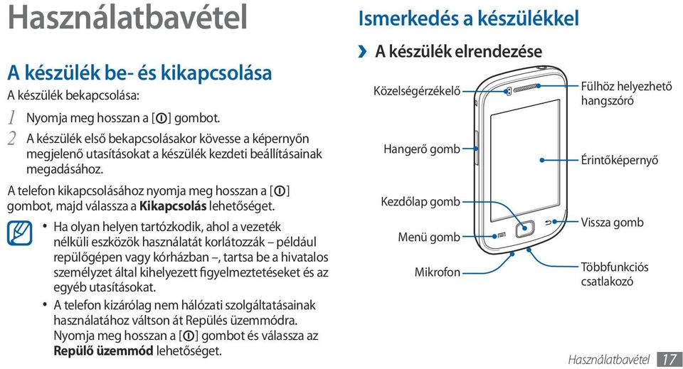 A telefon kikapcsolásához nyomja meg hosszan a [ ] gombot, majd válassza a Kikapcsolás Ha olyan helyen tartózkodik, ahol a vezeték nélküli eszközök használatát korlátozzák például repülőgépen vagy