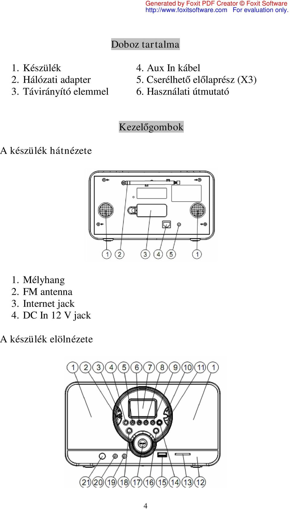 Használati útmutató A készülék hátnézete Kezelőgombok 1.