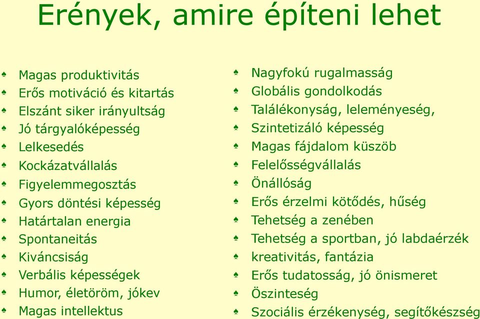 Figyelemmegosztás Önállóság Gyors döntési képesség Erős érzelmi kötődés, hűség Határtalan energia Tehetség a zenében Spontaneitás Tehetség a sportban, jó