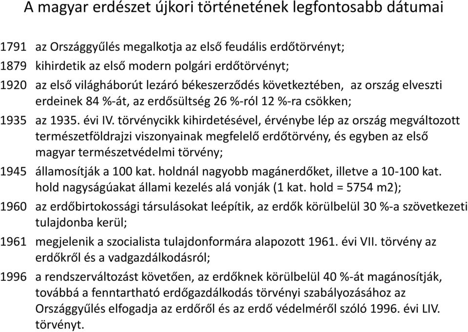 törvénycikk kihirdetésével, érvénybe lép az ország megváltozott természetföldrajzi viszonyainak megfelelő erdőtörvény, és egyben az első magyar természetvédelmi törvény; 1945 államosítják a 100 kat.