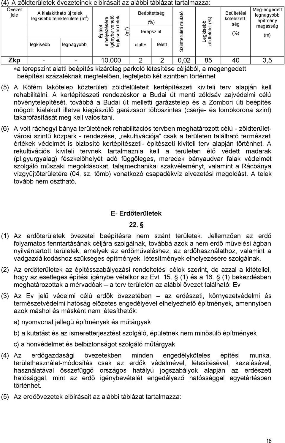 10.000 2 2 0,02 85 40 3,5 a terepszint alatti beépítés kizárólag parkoló létesítése céljából, a megengedett beépítési százaléknak megfelelően, legfeljebb két szintben történhet (5) A Köfém lakótelep