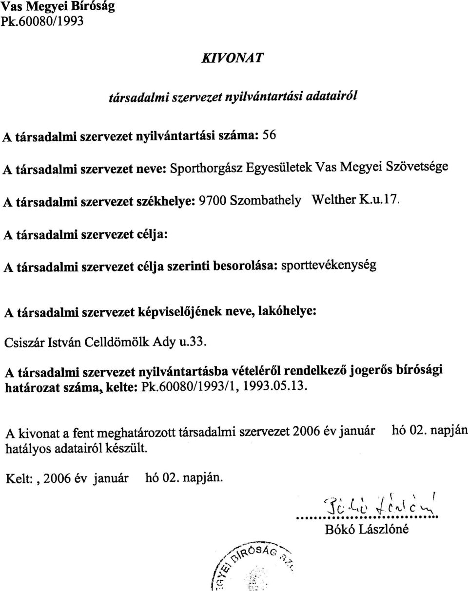 társadalmi szervezet székhelye: 9700 Szombathely Welther K.u.17.