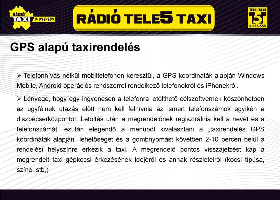 Letöltés után a megrendelőnek regisztrálnia kell a nevét és a telefonszámát, ezután elegendő a menüből kiválasztani a taxirendelés GPS koordináták alapján lehetőséget és a gombnyomást