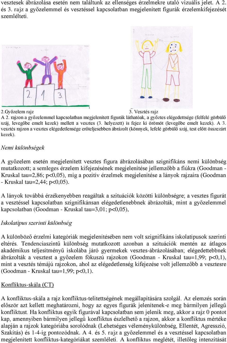 helyezett) is fejez ki örömöt (levegőbe emelt kezek). A 3. vesztés rajzon a vesztes elégedetlensége erőteljesebben ábrázolt (könnyek, lefelé görbülő száj, test előtt összezárt kezek).