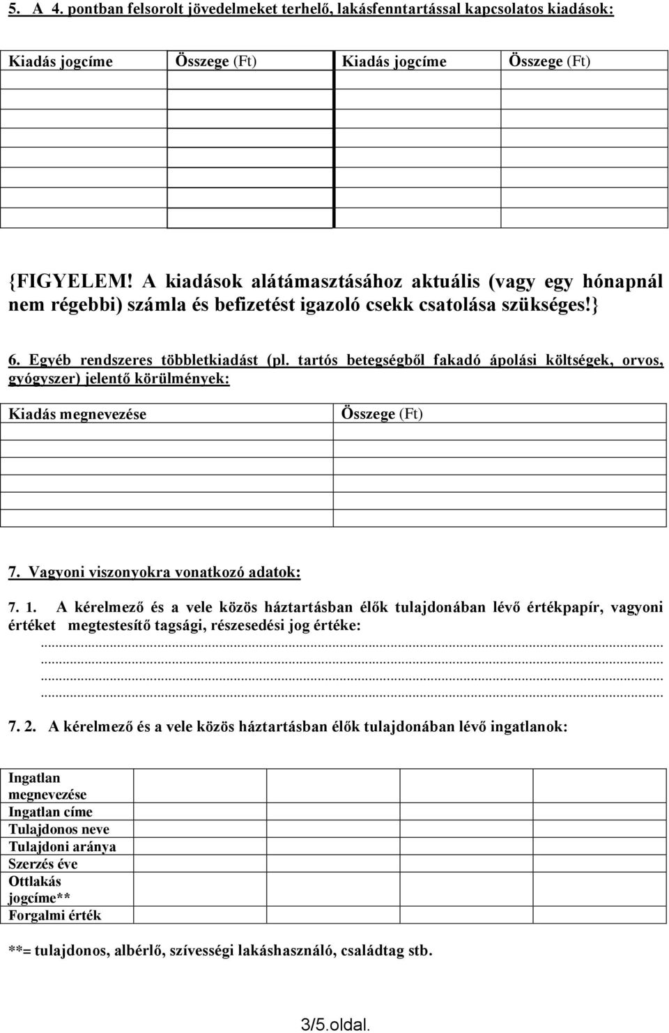 tartós betegségből fakadó ápolási költségek, orvos, gyógyszer) jelentő körülmények: Kiadás megnevezése Összege (Ft) 7. Vagyoni viszonyokra vonatkozó adatok: 7. 1.