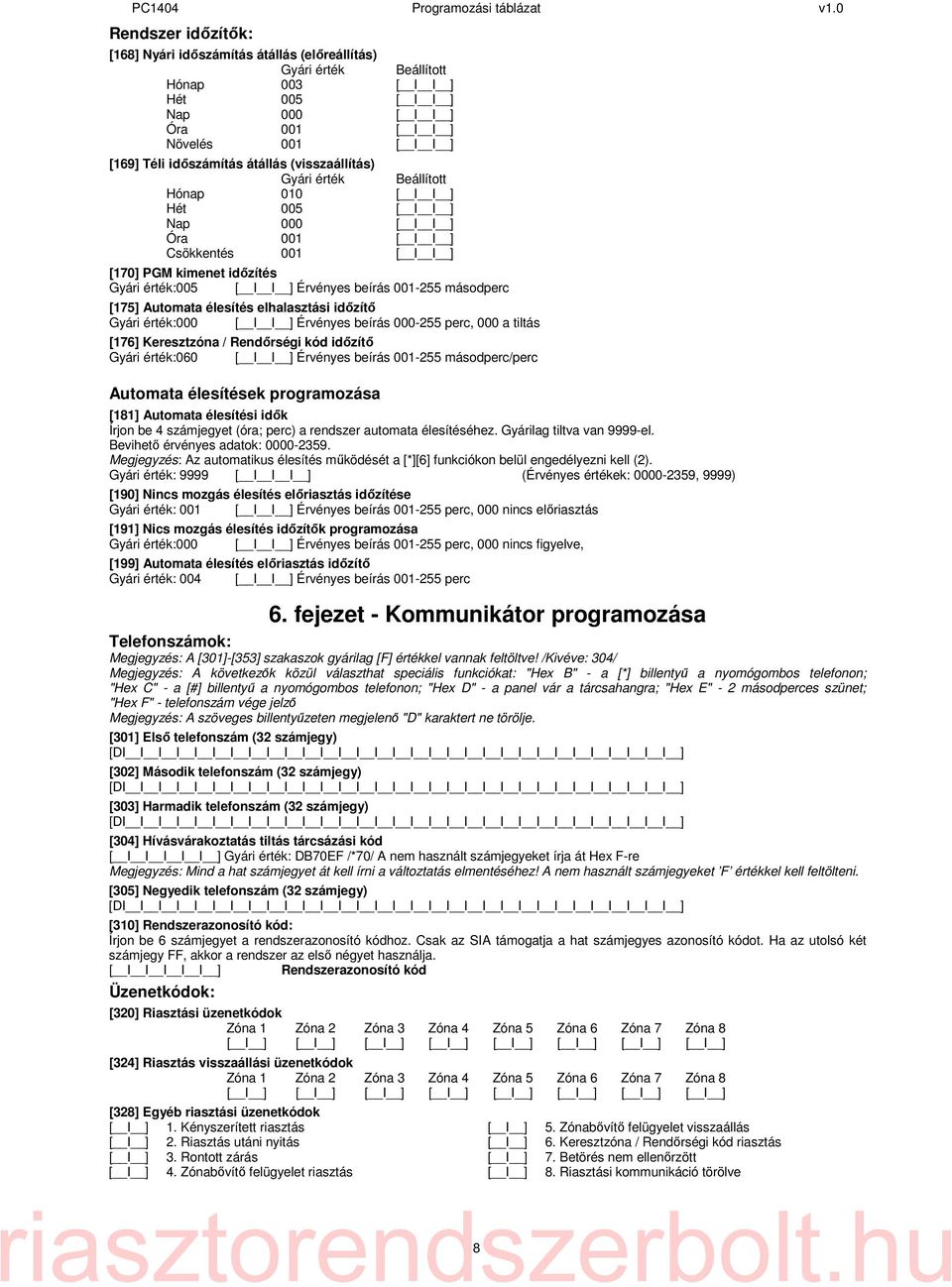 beírás 001-255 másodperc [175] Automata élesítés elhalasztási időzítő Gyári érték:000 [ I I ] Érvényes beírás 000-255 perc, 000 a tiltás [176] Keresztzóna / Rendőrségi kód időzítő Gyári érték:060 [ I