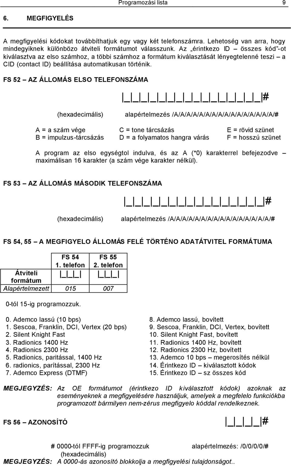 FS 52 AZ ÁLLOMÁS ELSO TELEFONSZÁMA _ _ _ _ _ _ _ _ _ _ _ _ _ _ _ _ # (hexadecimális) alapértelmezés /A/A/A/A/A/A/A/A/A/A/A/A/A/A/A/A/# A = a szám vége C = tone tárcsázás E = rövid szünet B =