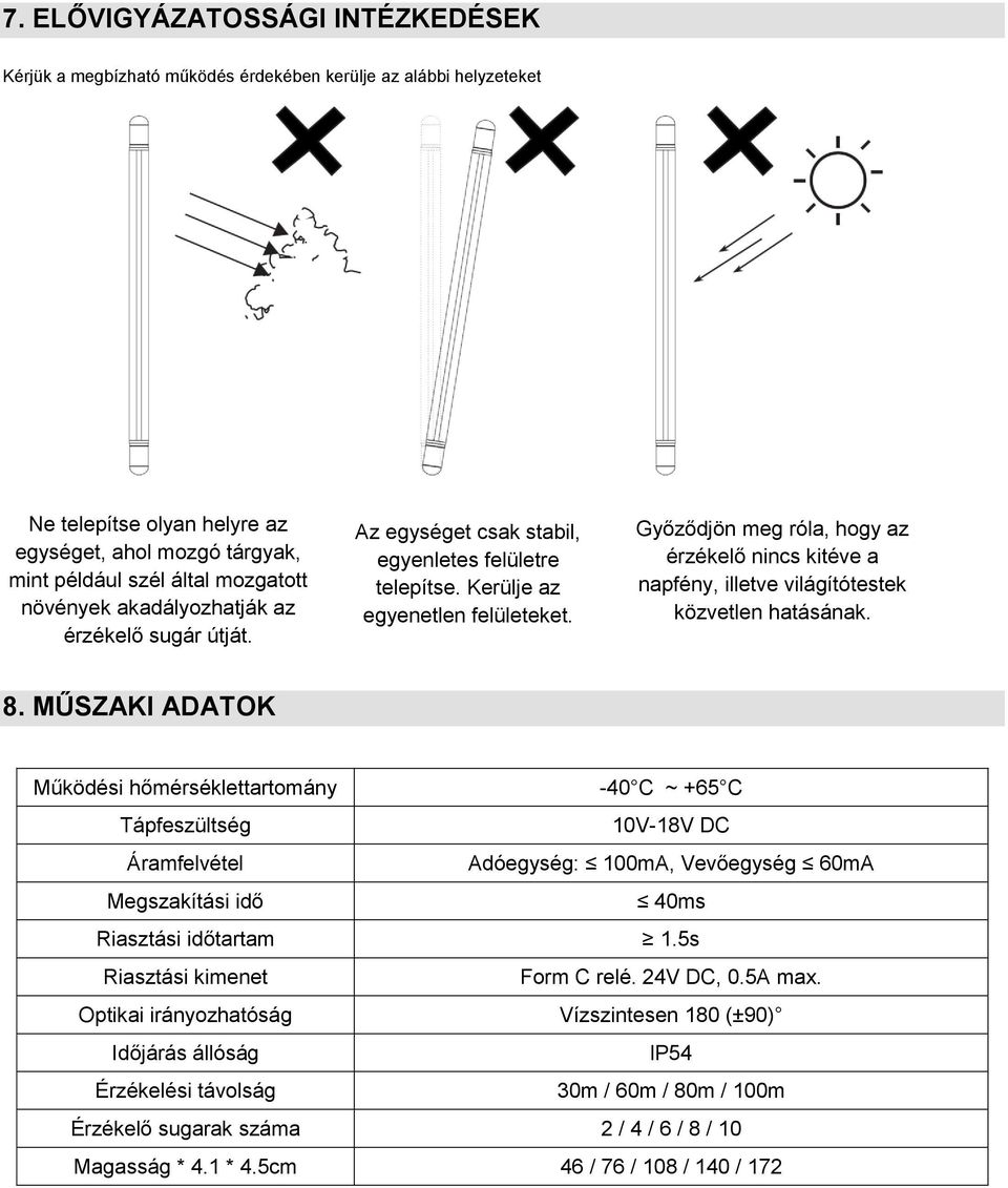 Győződjön meg róla, hogy az érzékelő nincs kitéve a napfény, illetve világítótestek közvetlen hatásának. 8.