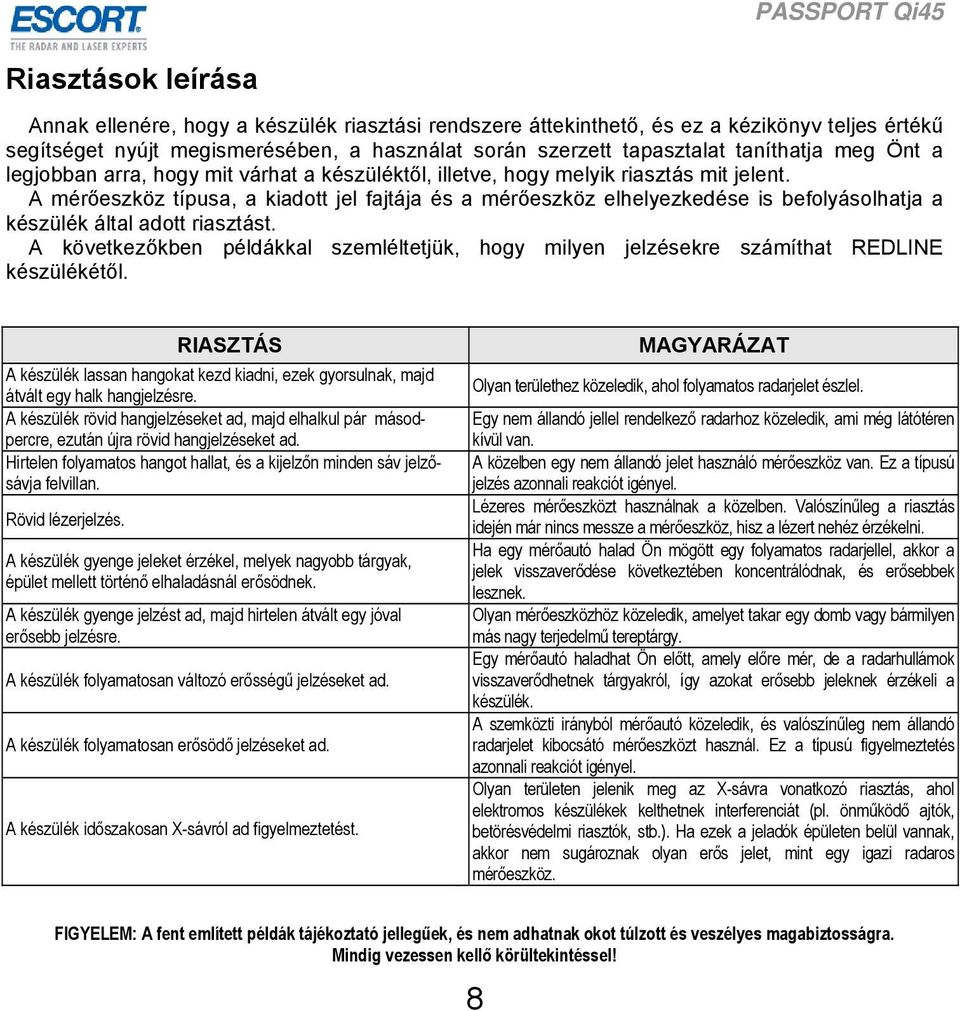A mérőeszköz típusa, a kiadott jel fajtája és a mérőeszköz elhelyezkedése is befolyásolhatja a készülék által adott riasztást.