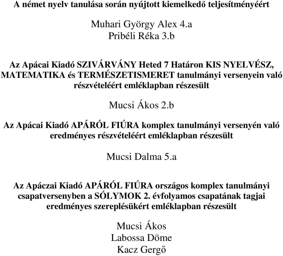 részesült Mucsi Ákos 2.b Az Apácai Kiadó APÁRÓL FIÚRA komplex tanulmányi versenyén való eredményes részvételéért emléklapban részesült Mucsi Dalma 5.