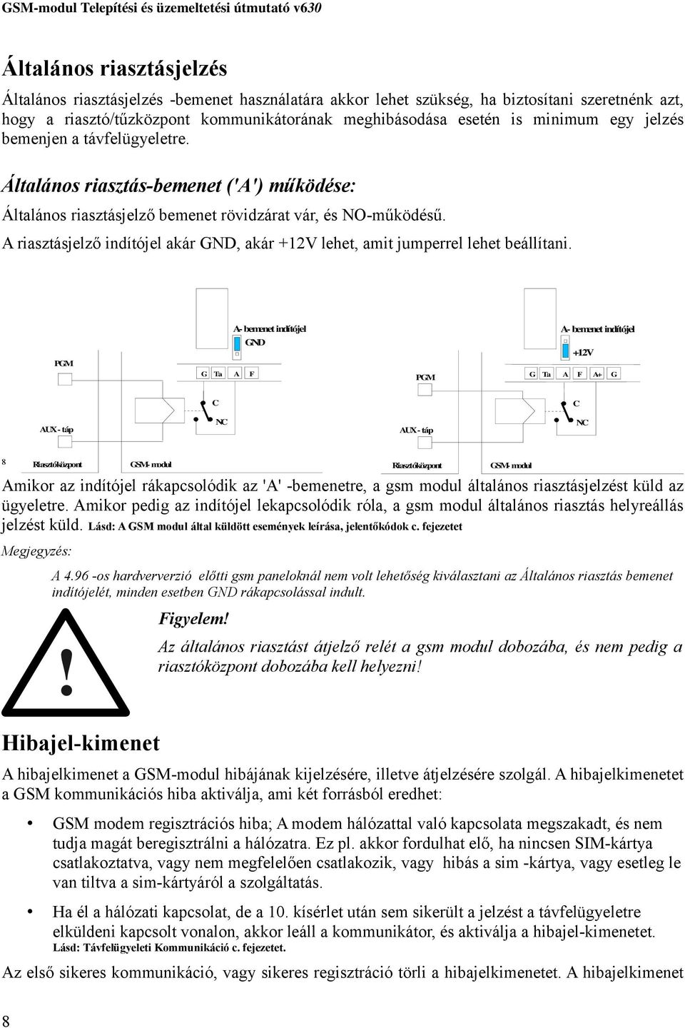 A riasztásjelző indítójel akár GND, akár +12V lehet, amit jumperrel lehet beállítani.
