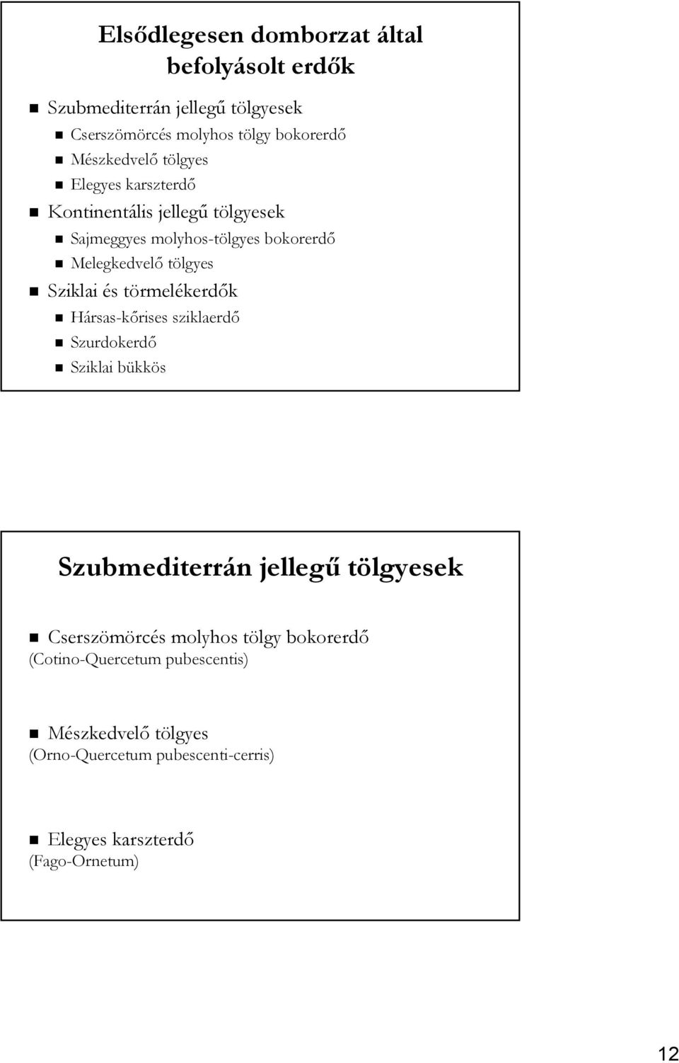 törmelékerdők Hársas-kőrises sziklaerdő Szurdokerdő Sziklai bükkös Szubmediterrán jellegű tölgyesek Cserszömörcés molyhos tölgy