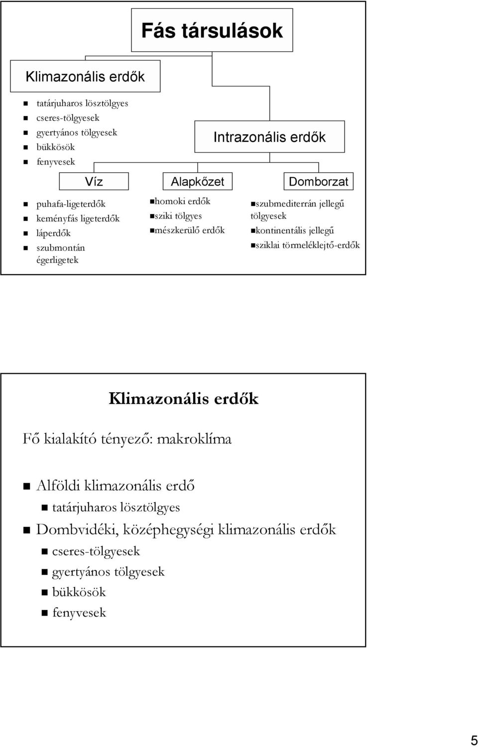 szubmediterrán jellegű tölgyesek kontinentális jellegű sziklai törmeléklejtő-erdők Klimazonális erdők Fő kialakító tényező: makroklíma