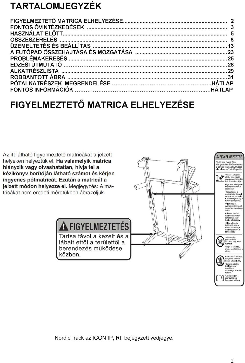 ..23 PROBLÉMAKERESÉS...25 EDZÉSI ÚTMUTATÓ...28 ALKATRÉSZLISTA...29 ROBBANTOTT ÁBRA.