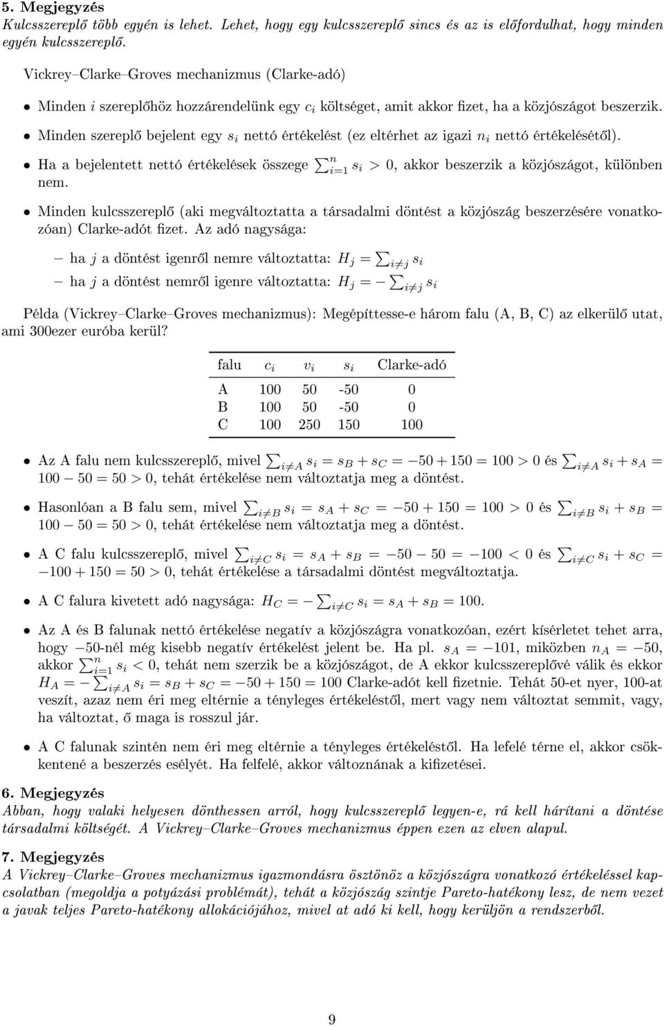 Minden szerepl bejelent egy s i nettó értékelést (ez eltérhet az igazi n i nettó értékelését l). Ha a bejelentett nettó értékelések összege n i=1 s i > 0, akkor beszerzik a közjószágot, különben nem.