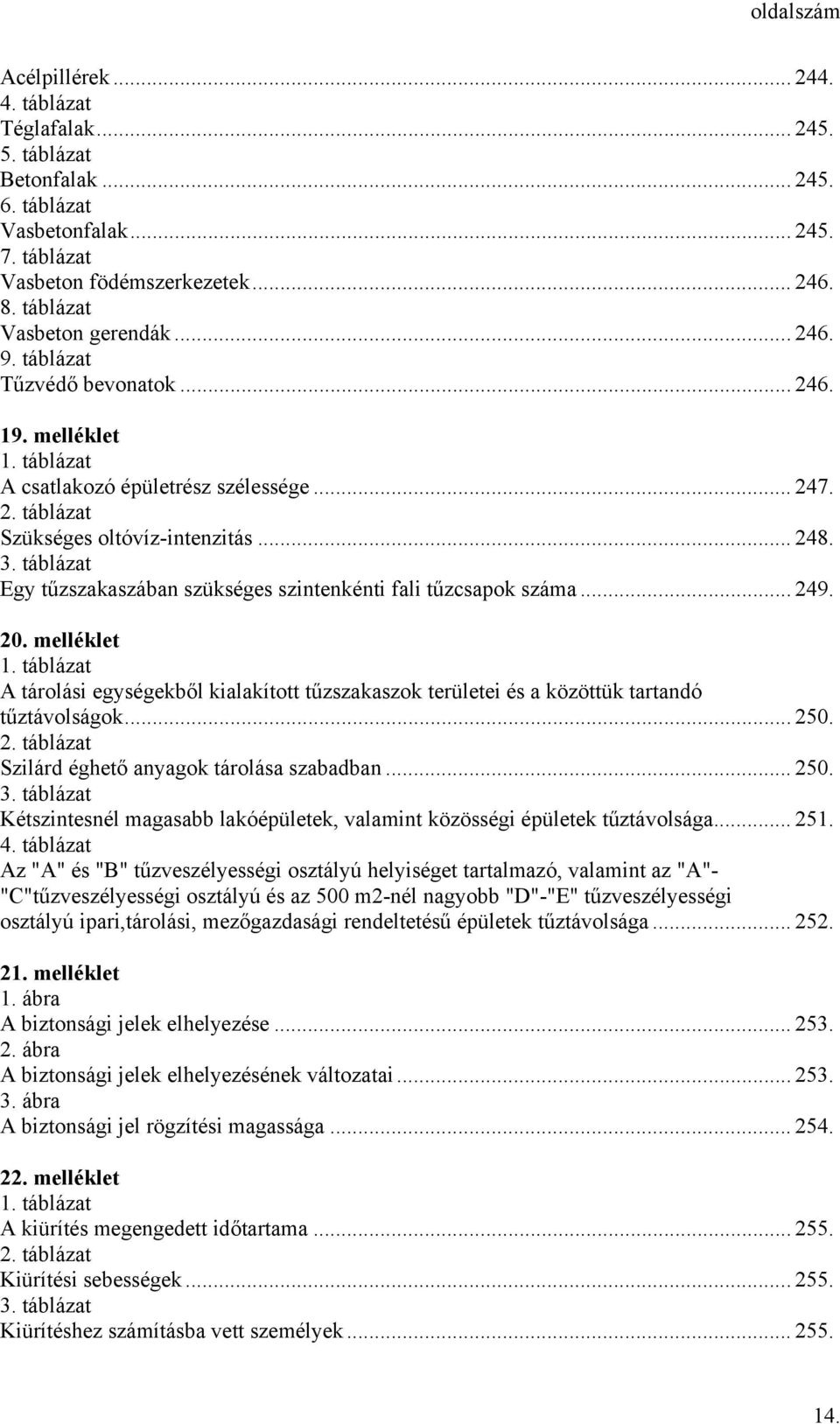 20. melléklet A tárolási egységekből kialakított tűzszakaszok területei és a közöttük tartandó tűztávolságok... 250. Szilárd éghető anyagok tárolása szabadban... 250. Kétszintesnél magasabb lakóépületek, valamint közösségi épületek tűztávolsága.