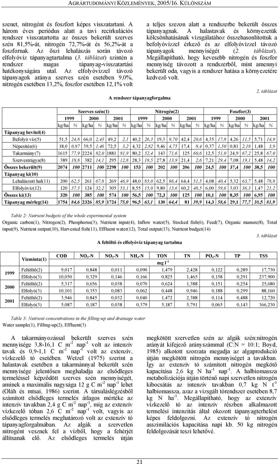 Az őszi lehalászás során távozó elfolyóvíz tápanyagtartalma (3. táblázat) szintén a rendszer magas tápanyag-visszatartási hatékonyságára utal.