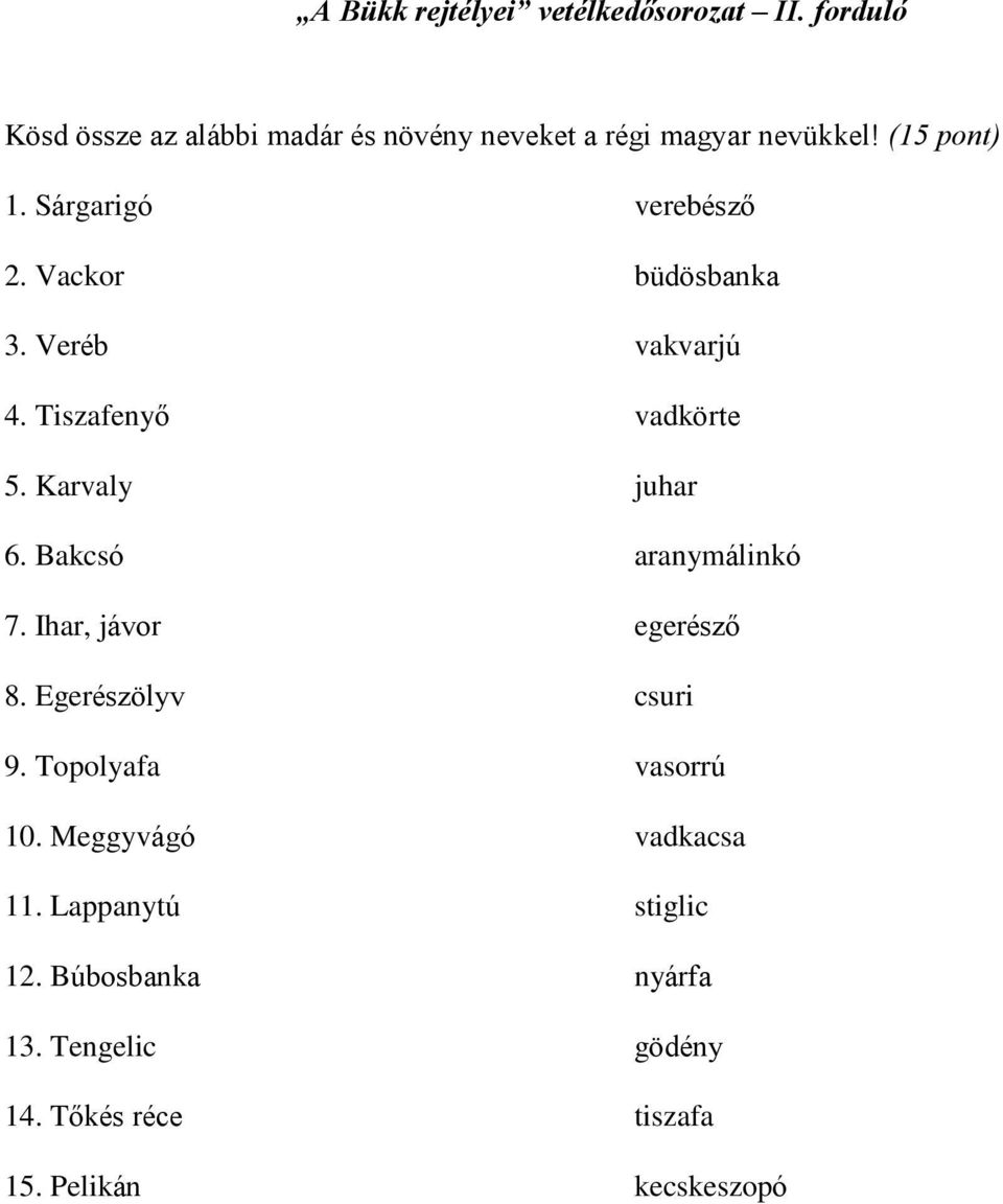 Bakcsó aranymálinkó 7. Ihar, jávor egerészõ 8. Egerészölyv csuri 9. Topolyafa vasorrú 10.