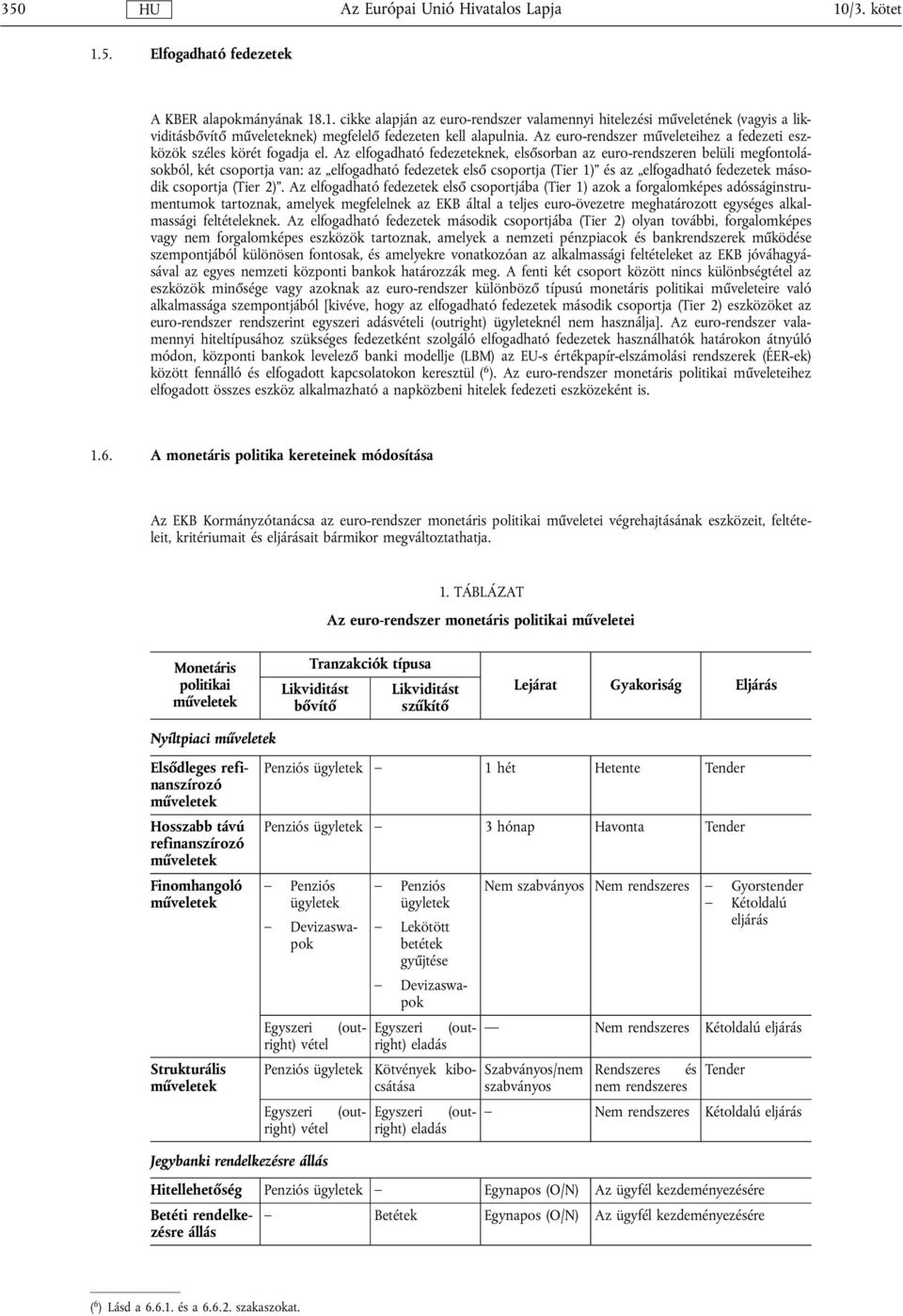 Az elfogadható fedezeteknek, elsősorban az euro-rendszeren belüli megfontolásokból, két csoportja van: az elfogadható fedezetek első csoportja (Tier 1) és az elfogadható fedezetek második csoportja