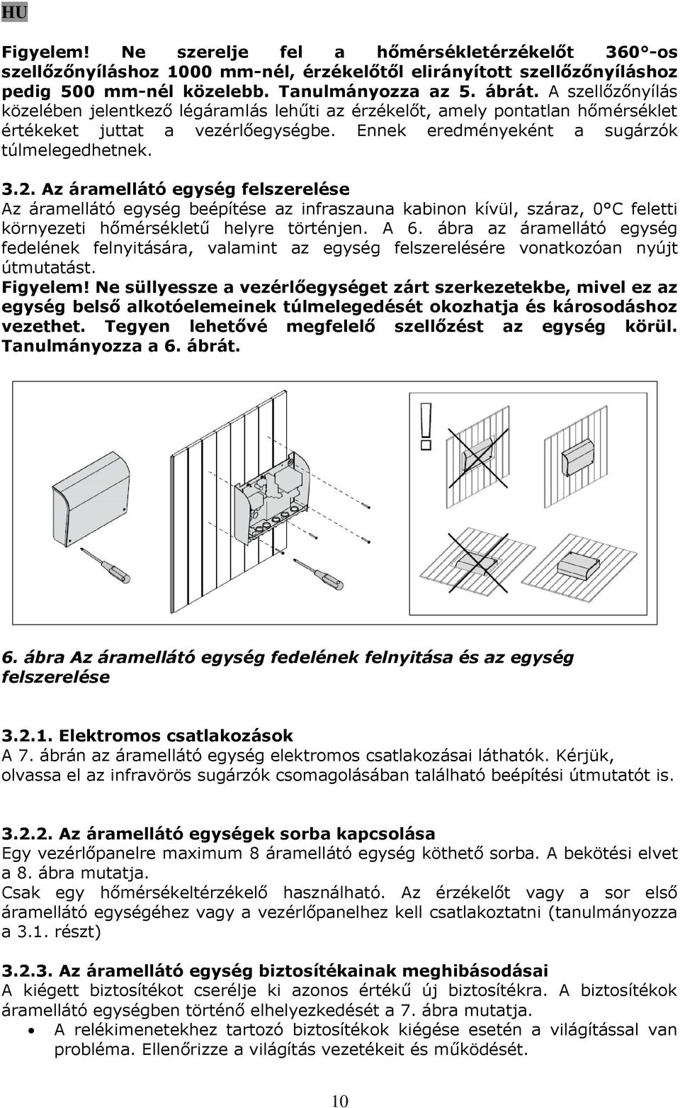 Az áramellátó egység felszerelése Az áramellátó egység beépítése az infraszauna kabinon kívül, száraz, 0 C feletti környezeti hőmérsékletű helyre történjen. A 6.