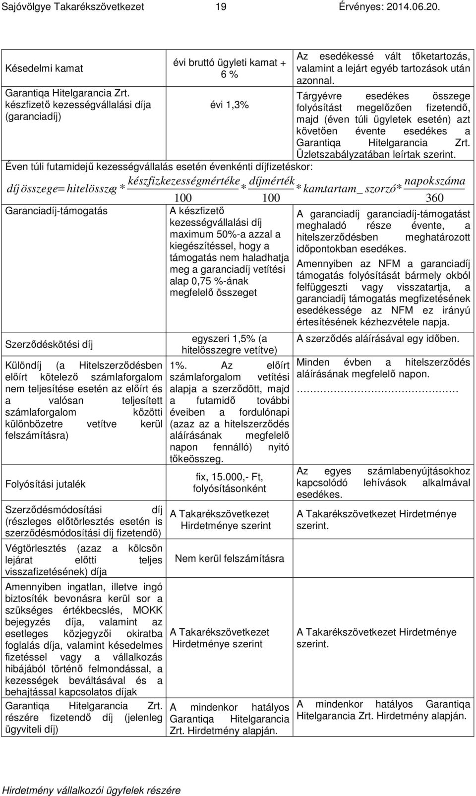 Tárgyévre esedékes összege folyósítást megelőzően fizetendő, majd (éven túli ügyletek esetén) azt követően évente esedékes a Garantiqa Hitelgarancia Zrt. Üzletszabályzatában leírtak szerint.