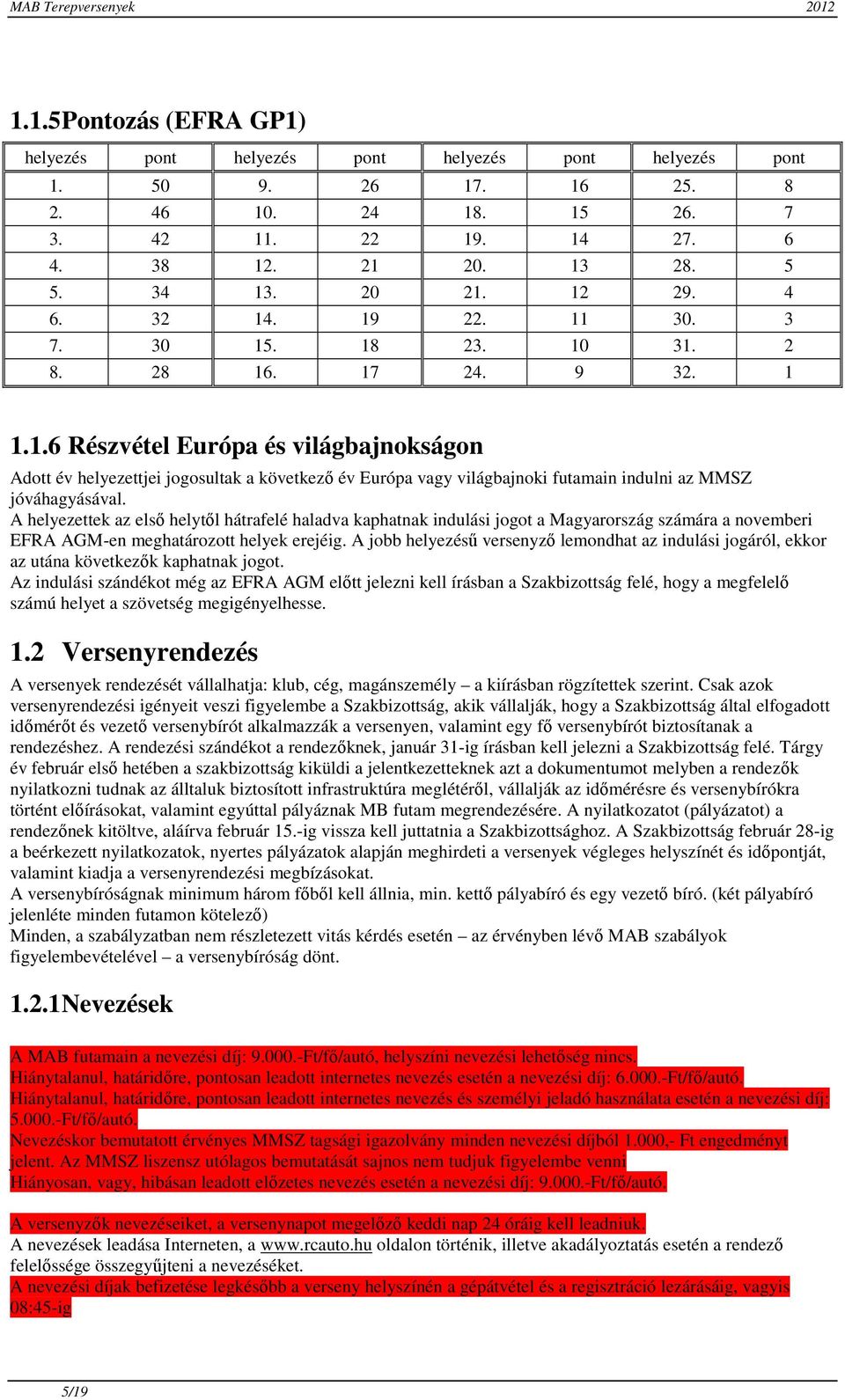 A helyezettek az első helytől hátrafelé haladva kaphatnak indulási jogot a Magyarország számára a novemberi EFRA AGM-en meghatározott helyek erejéig.