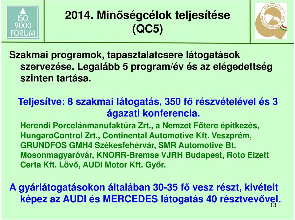 , a Nemzet Főtere építkezés, HungaroControl Zrt., Continental Automotive Kft. Veszprém, GRUNDFOS GMH4 Székesfehérvár, SMR Automotive Bt.
