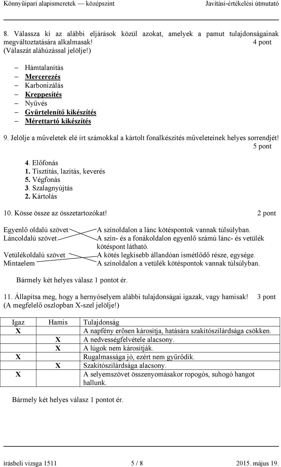 5 pont 4. Előfonás 1. Tisztítás, lazítás, keverés 5. Végfonás 3. Szalagnyújtás 2. Kártolás 10. Kösse össze az összetartozókat!