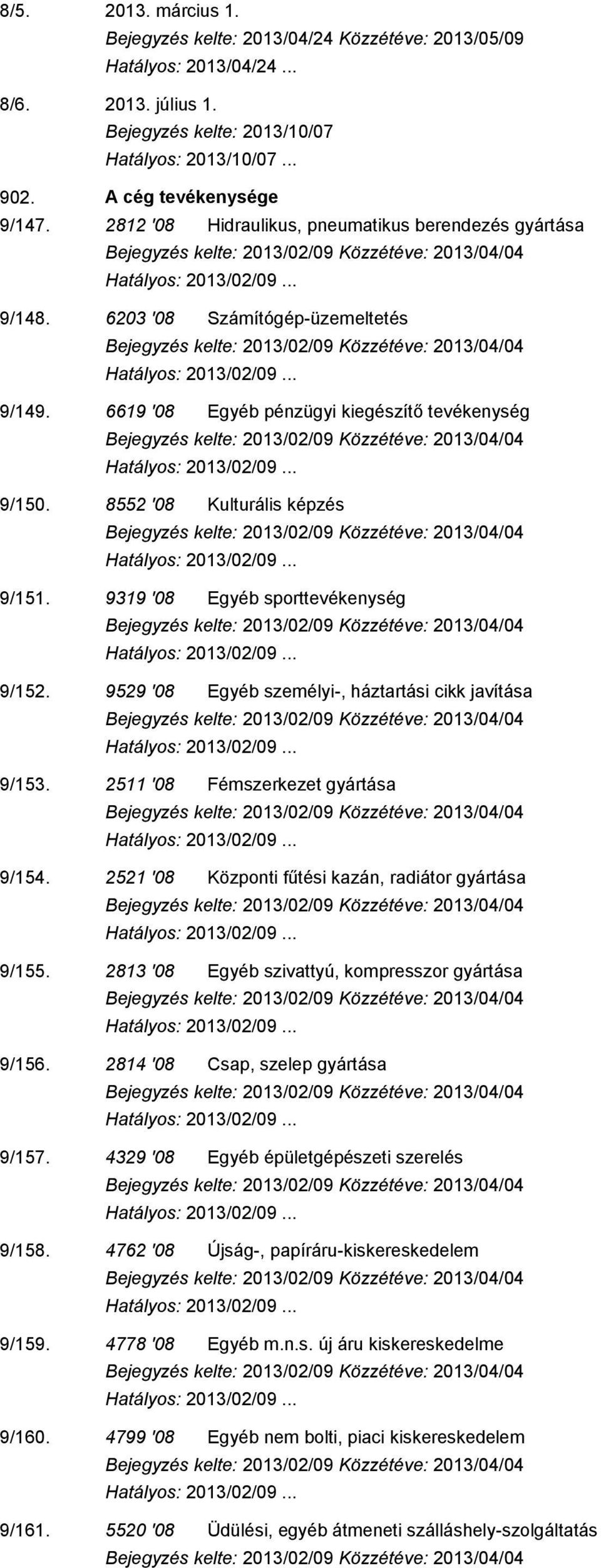 9319 '08 Egyéb sporttevékenység 9/152. 9529 '08 Egyéb személyi-, háztartási cikk javítása 9/153. 2511 '08 Fémszerkezet gyártása 9/154. 2521 '08 Központi fűtési kazán, radiátor gyártása 9/155.