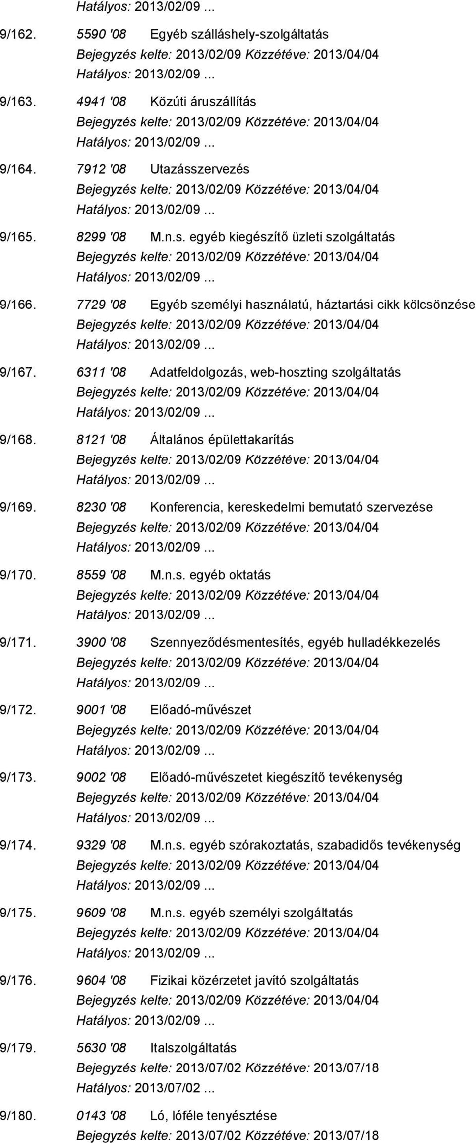 8230 '08 Konferencia, kereskedelmi bemutató szervezése 9/170. 8559 '08 M.n.s. egyéb oktatás 9/171. 3900 '08 Szennyeződésmentesítés, egyéb hulladékkezelés 9/172. 9001 '08 Előadó-művészet 9/173.