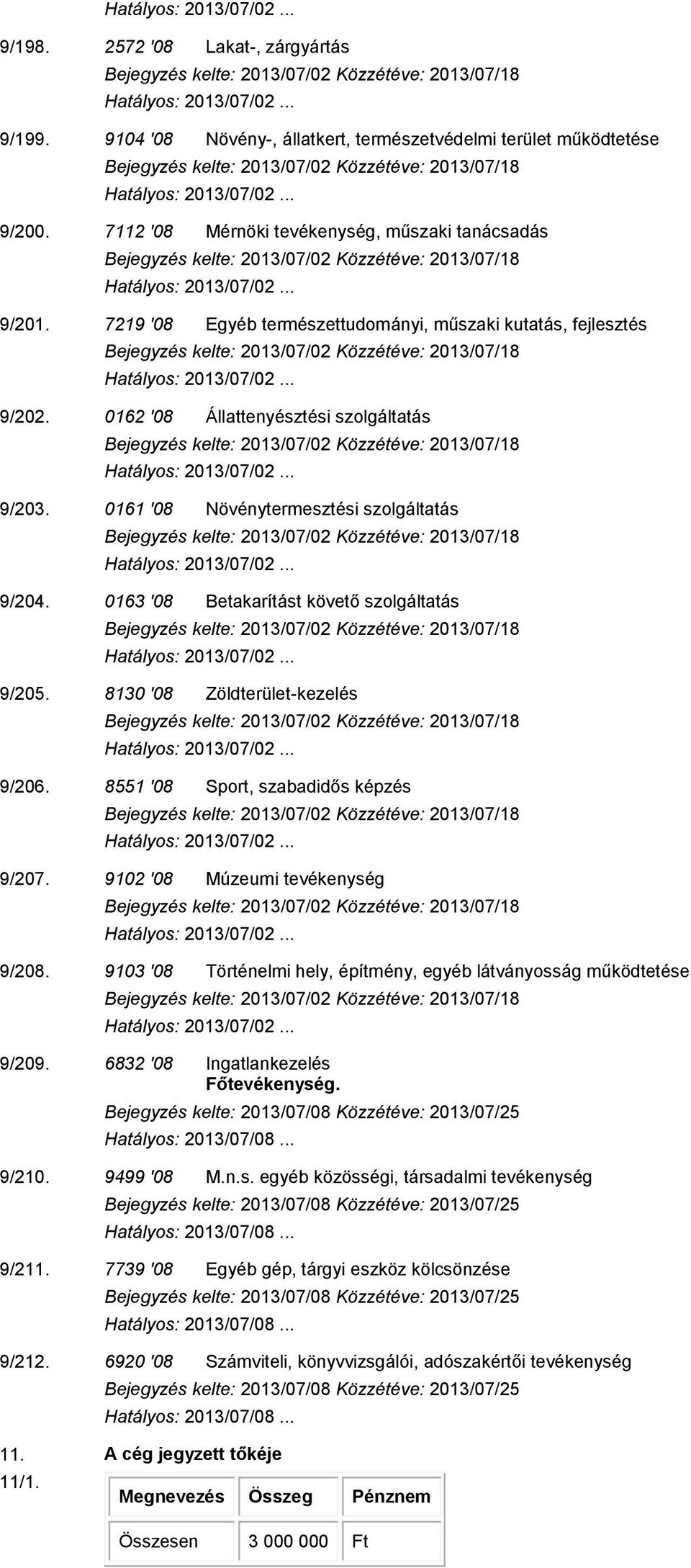 0163 '08 Betakarítást követő szolgáltatás 9/205. 8130 '08 Zöldterület-kezelés 9/206. 8551 '08 Sport, szabadidős képzés 9/207. 9102 '08 Múzeumi tevékenység 9/208.