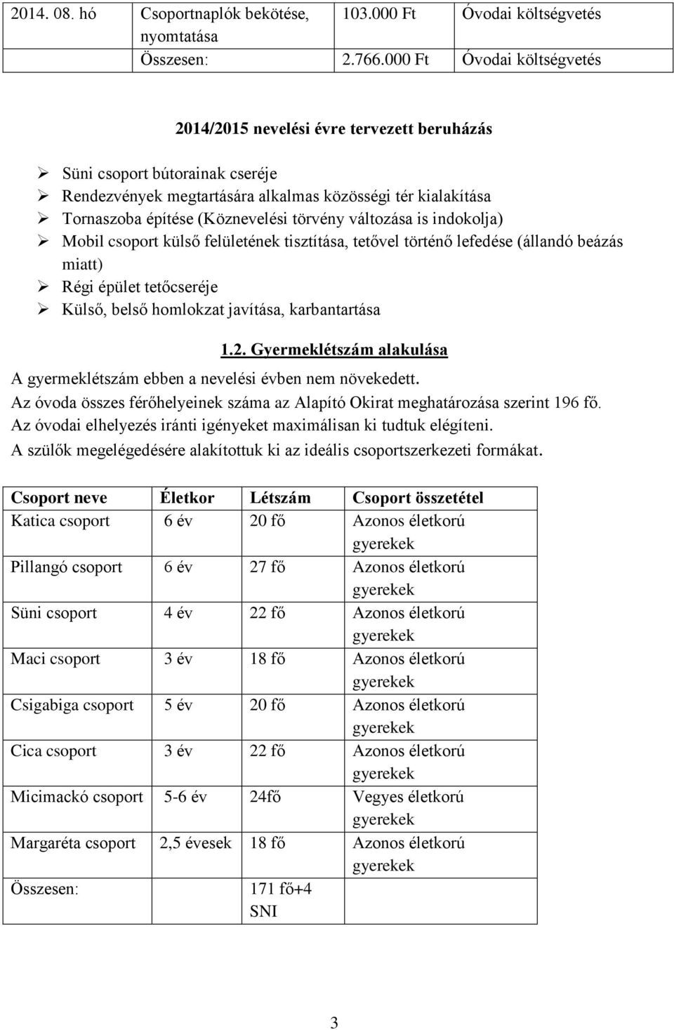 törvény változása is indokolja) Mobil csoport külső felületének tisztítása, tetővel történő lefedése (állandó beázás miatt) Régi épület tetőcseréje Külső, belső homlokzat javítása, karbantartása 1.2.