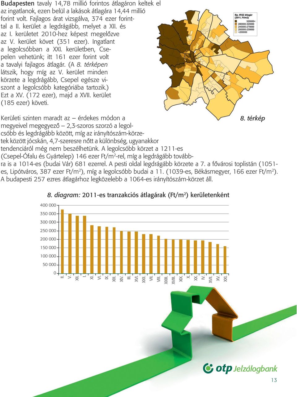 kerületben, Csepelen vehetünk; itt 161 ezer forint volt a tavalyi fajlagos átlagár. (A 8. térképen látszik, hogy míg az V.