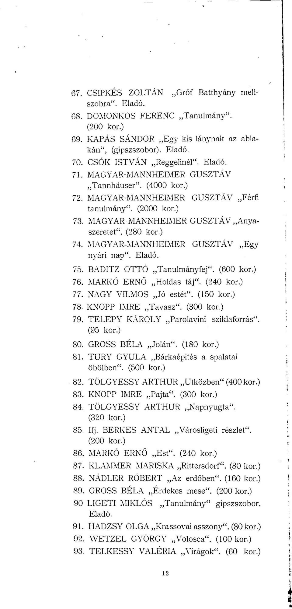 Eladó. 75. BADITZ OTTÓ Tanulmányfej". (600 76. MARKÓ ERNŐ Holdas táj". (240 77. NAGY VILMOS Jó estét". (150 78. KNOPP IMRE Tavasz". (300 79. TELEPY KÁROLY Parolavini sziklaforrás". (95 80.