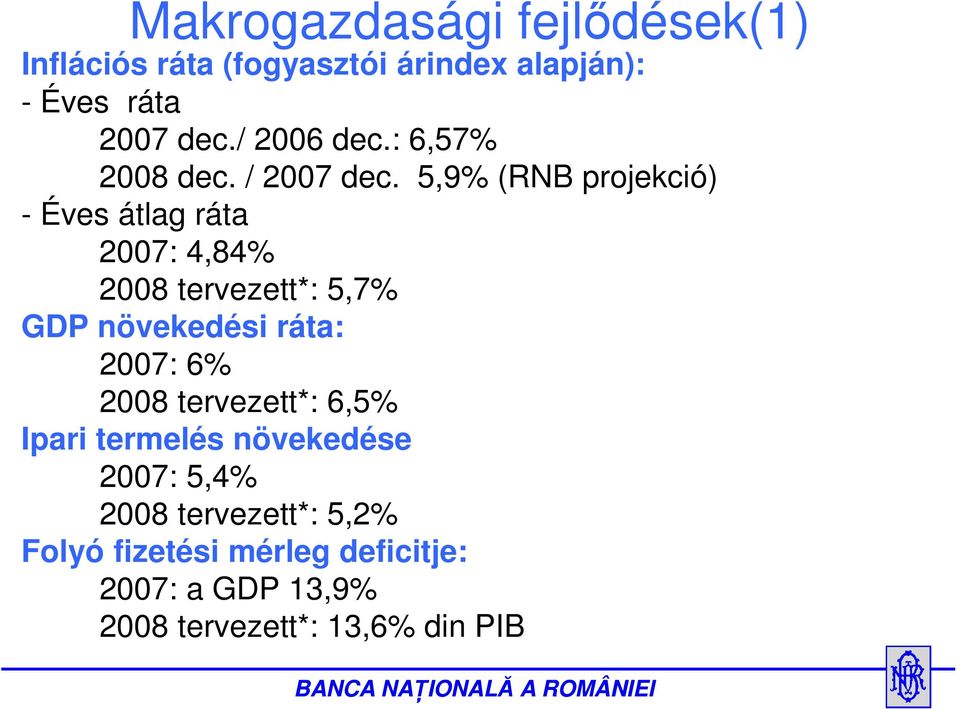5,9% (RNB projekció) - Éves átlag ráta 27: 4,84% 28 tervezett*: 5,7% GDP növekedési ráta: 27:
